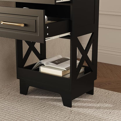 Tall Nightstand Set of 2 Side Table with 2 Drawers Modern Night Stand Wooden End Table Bedside Table with Below Open Shelf Solid Feet for Bedroom Black