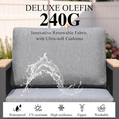 4-Piece 4-Seater Aluminum Patio Furniture Set,Outdoor Patio Table and Chairs Set with 2 Single Chairs+Loveseat+Coffee Table, 1.5mm Thick Rustproof Frame, Waterproof Washable Cushions for Porch Deck