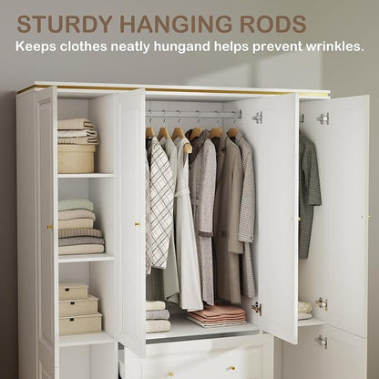 Armoire Wardrobe Closet with Drawers: 74" White Wardrobe Closet with 4 Doors, Tall Bedroom Armoires for Clothes, Wood Closets Cabinet for Hanging Clothes (59")