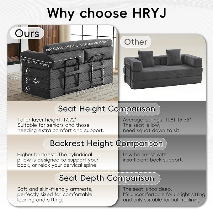 5-in-1 Convertible Sofa Bed, 60" Boneless Loveseat Couch Tri Folding Mattress with Removable L-Shaped Armrests, Corduroy Futon Couch Sleeper with Pull Out Bed for Living Room Bedroom Apartment, Grey