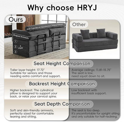 5-in-1 Convertible Sofa Bed, 60" Boneless Loveseat Couch Tri Folding Mattress with Removable L-Shaped Armrests, Corduroy Futon Couch Sleeper with Pull Out Bed for Living Room Bedroom Apartment, Grey