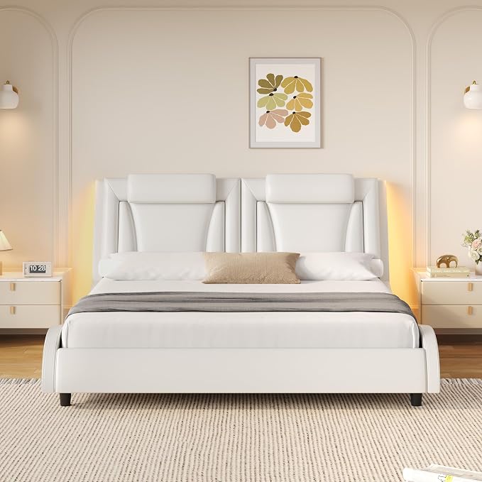 Keyluv Queen Size LED Bed Frame with Adjustable Headboard & Wave-Like Curve Safety Design, PU Leather Upholstered Platform Bed, Solid Wooden Slats Support, Easy Assembly, White