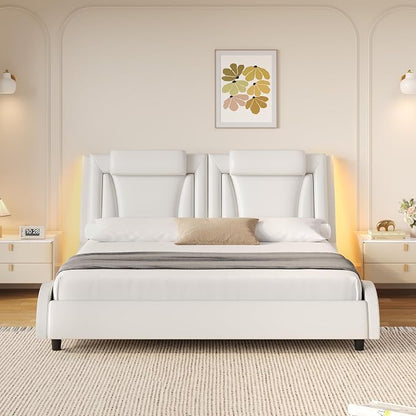Keyluv Queen Size LED Bed Frame with Adjustable Headboard & Wave-Like Curve Safety Design, PU Leather Upholstered Platform Bed, Solid Wooden Slats Support, Easy Assembly, White