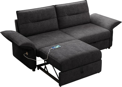 85" Pull Out Sofa Bed Full Size, Pre-Assembled Flannel Sleeper Sofa, Convertible Loveseat Futon Couch, Adjustable Armrest with USB, Pillows, for Apartment, Living Room, Small Spaces, Dark Grey