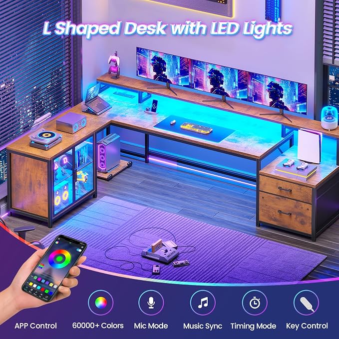 SEDETA 78.7” Large L Shaped Desk with Storage Drawers, Office Desk with File Drawer and Display Cabinet, L Shaped Gaming Desk with Storage, Power Outlet and LED Lights for Home Office, Rustic Brown