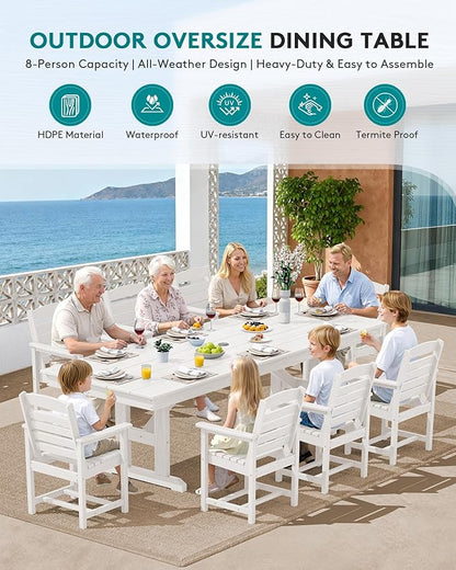 SERWALL 10 Piece 84" HDPE Outdoor Dining Set for 8 with 15ft Double-Sided Umbrella, White