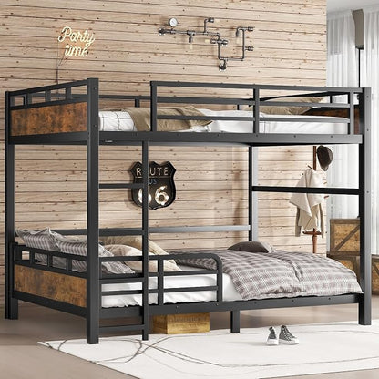 Queen Over Queen Metal Bunk Bed, Heavy Duty Convertible Bunk Bed Frame with Headboard & Full Guardrails, Can Be Split into Two Platform Beds or Loft Bed, Vintage