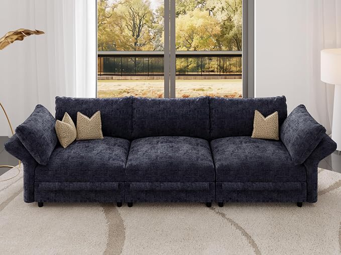 DreamDashio 126" Extra Large Modular Sectional Sofa Cloud Couch with Storage Seat for Living Room with Adjustable Arms, High Back, 3 Seater, 5 Arms & 5 Pillows, Dark Grey Chenille