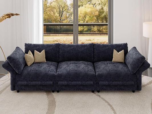 DreamDashio 126" Extra Large Modular Sectional Sofa Cloud Couch with Storage Seat for Living Room with Adjustable Arms, High Back, 3 Seater, 5 Arms & 5 Pillows, Dark Grey Chenille
