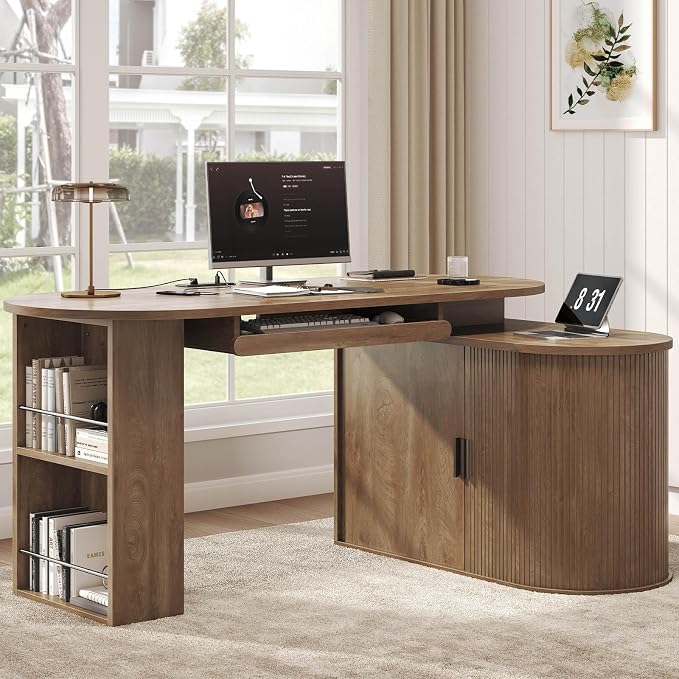 HSH Reversible L Shaped Desk with Storage, Computer Desk with Keyboard Tray | 60" Modern Annual Ring Wood Executive Office Desk, Adjustable Corner Design for Gaming Spaces and Home Workstations