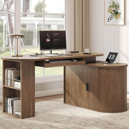 HSH Reversible L Shaped Desk with Storage, Computer Desk with Keyboard Tray | 60" Modern Annual Ring Wood Executive Office Desk, Adjustable Corner Design for Gaming Spaces and Home Workstations