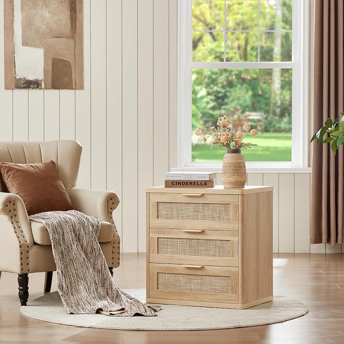 LEYAOYAO Rattan Night Stand with Drawers, 23" Large 3 Drawer Boho Nightstand, Natural Wood Bedside Table Storage Cabinet, Bed Side End Tables Dresser for Bedroom, Living Room, Hallway, Closet