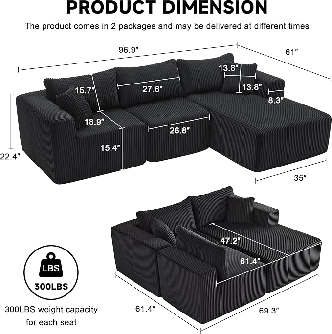 Weture 97" Modular Sectional Sofa, L-Shaped Boneless Couch with Deep Seat, Cozy Cloud Couch Sectional with Convertible Ottoman, Modern Sectional Couches for Living Room（ Black）