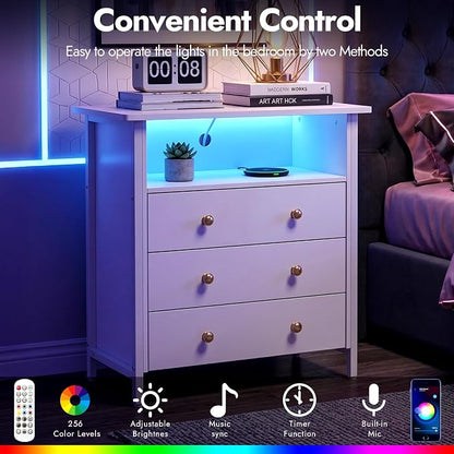 27" LED Nightstand Set 2 with Charging Station & 3 Drawers, White | Solid Wood and Steel Frame, 2 AC Outlets, 2 USB Ports, RGB App Control, Open Storage, Adjustable Feet, for Bedroom or Office