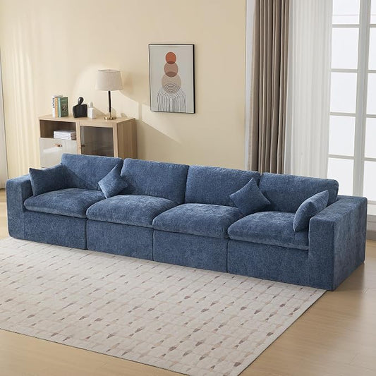 146''Cloud Boneless Sectional Couch, Modular Sectional Sofa Deep Seat, Oversized Upholstered Convertible Comfy 4 Seater Chenille Memory Foam Sofa Couches for Living Room, Blue