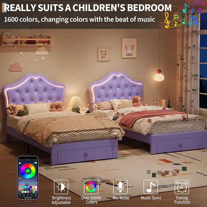 Garvee Full Size Bed Frame with LED Lights & Velvet Crystal Button Headboard, Upholstered Boy Platform Bed with Storage Drawer, Noise Free, No Box Spring Needed for Kids, Teens,