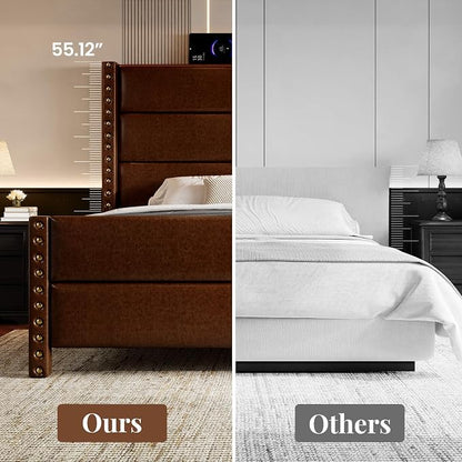 King Size Bed Frame with Storage Shelf & Charging Station, 55" Tall Headboard & 25.6" Footboard, Faux Leather Upholstered Platform Bed with Big Rivets Wingback, Heavy Duty & Noise-Free, Brown