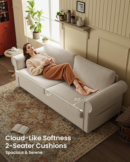 Queen Pull Out Sofa Bed | 83" Large Sleeper Sofa with Queen Size Mattress | 2-in-1 Convertible Loveseat Sofa-Bed with USB Ports Side Pockets Ivory White