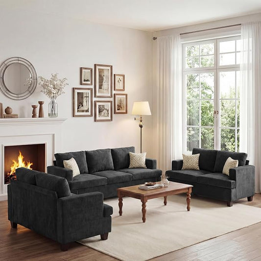 Apicizon Loveseat Set of 2 & 3-Seater Sofa, 3 Piece Set Comfy Couch for Living Room, Modern Lounge Sofa Couch for Apartment Lounge, Dark Grey Chenille