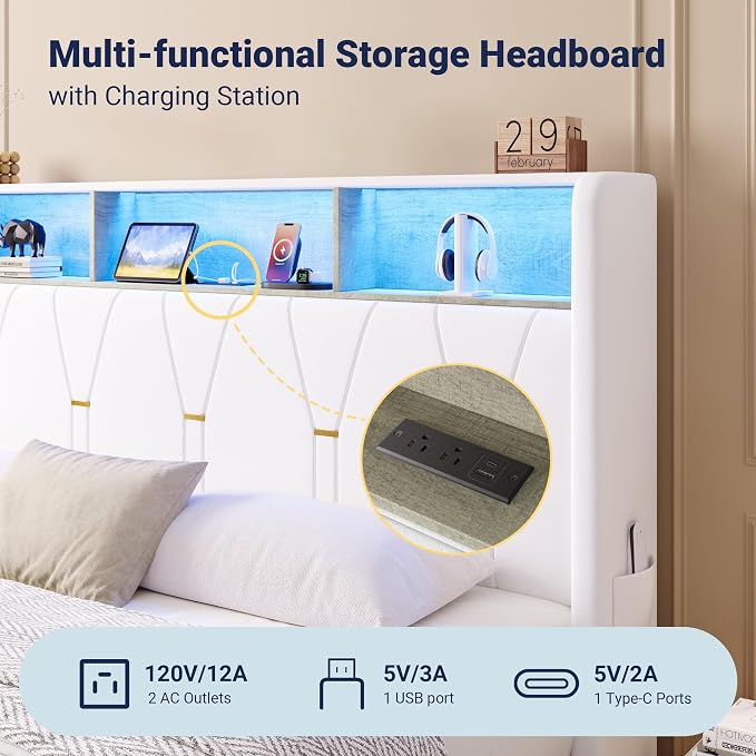 Allewie Queen Bed Frame with 2-Tier Storage Headboard, Charging Station & LED Light, Velvet Upholstered Platform Bed with 2 Drawers, Wingback Headboard, Gold Button Tufted, No Box Spring Needed, White