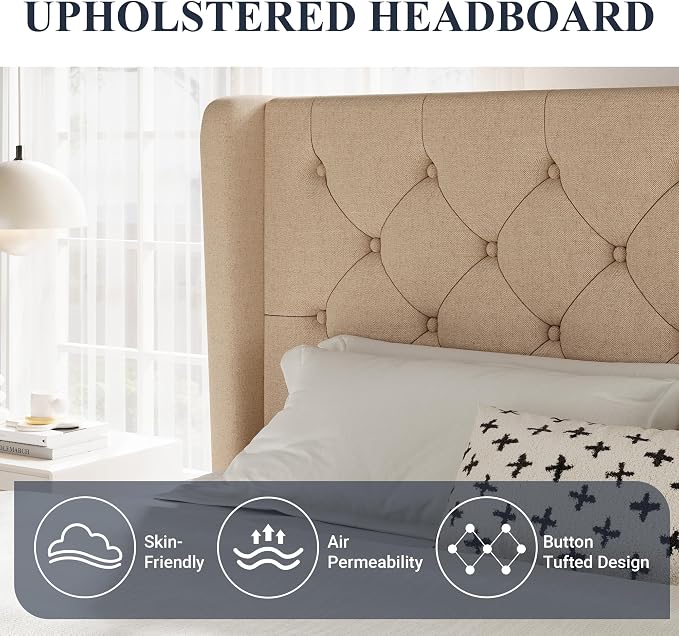 Allewie Full Size Bed Frame with Button Tufted Wingback Headboard, Modern Upholstered Bed Frame with Solid Wooden Slats Support - No Box Spring Needed, Easy Assembly, Beige