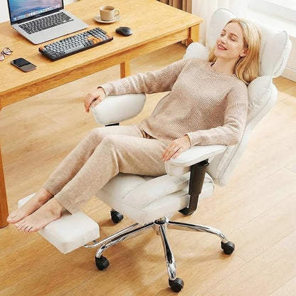DUMOS Big and Tall Home Office Desk Chair, Ergonomic Executive Chair with Footrest, Computer Gaming Chairs with High Back Reclining, Adjustable Armrests and Comfy Lumbar Support, PU Leather, White