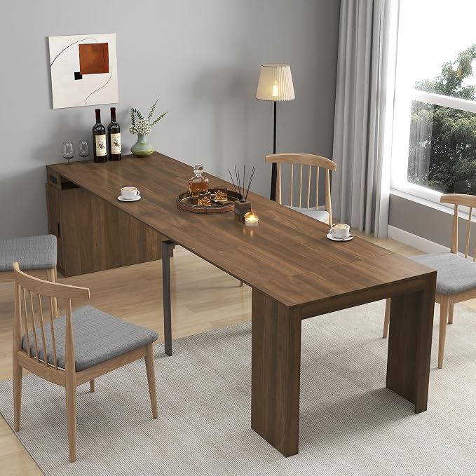 24"-118" Extendable Dining Table with Storage for 2-12 People, Modern Space-Saving Extra Long Wood Folding Table with USB & AC Outlets, Multifunctional Conference Meeting Table, Walnut