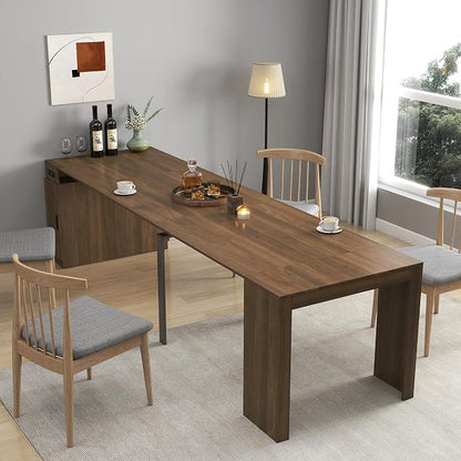 Extendable Dining Table with Storage, Transformer Console Table for 1-12 People, Space Saving Dining Room Table with Built-in Outlet for Homes, Apartments, Walnut