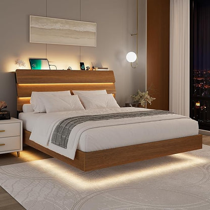 Feonase Floating Bed Frame Full with Led Lights and Charging Station, Wood Full Size Bed Frame with Storage Headboard, Heavy Duty Metal Slats, No Box Spring Needed, Easy Assembly,Walnut
