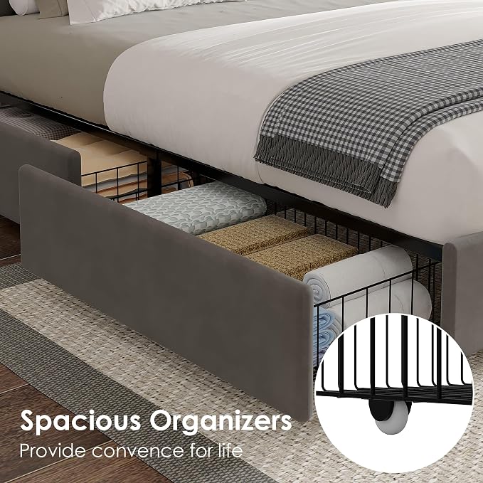 VECELO Full Size Upholstered Bed Frames with 4 Storage Drawers, Adjustable Velvet Rivet Decor Headboard, Wooden Slats Platform Support, No Box Spring Needed, Easy Assembly,Dark Grey