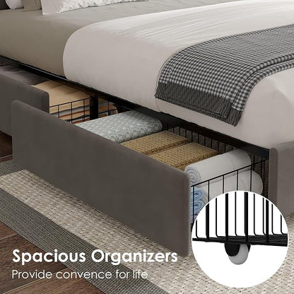 VECELO Full Size Upholstered Bed Frames with 4 Storage Drawers, Adjustable Velvet Rivet Decor Headboard, Wooden Slats Platform Support, No Box Spring Needed, Easy Assembly,Dark Grey