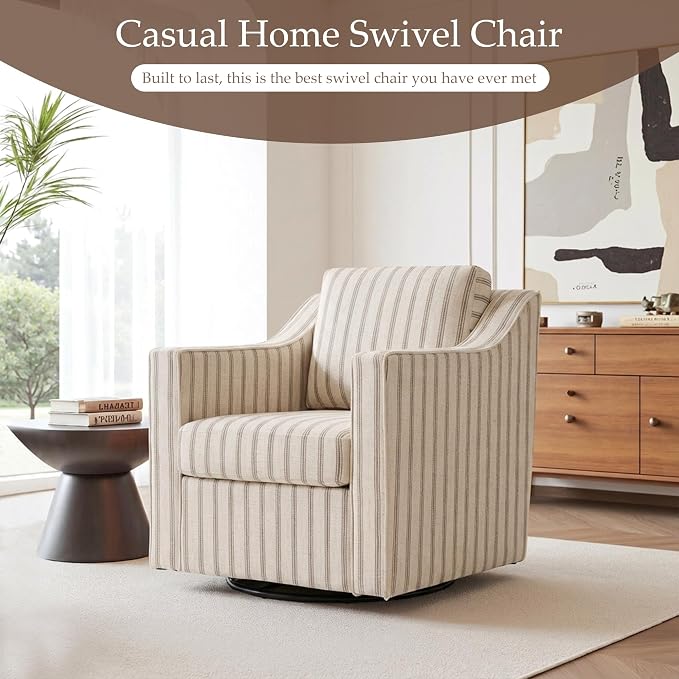 Swivel Accent Chairs Set of 2, 360° Swivel Upholstered Club Armchairs for Living Room, Comfy Fabric Single Sofa Reading Chair with Deep Seat, Metal Swivel Base, Pinstripe Light Brown