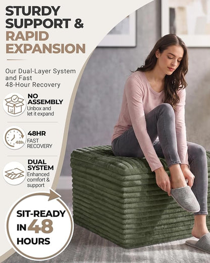 23.6in Pouf Ottoman, Corduroy Ottoman Foot Rest with Dual‑Layer Support, Large Poofy Pouf with Soft Chunk‑Foam Top & Firm Foam Base, Floor Foot Stool for Living Room, Green