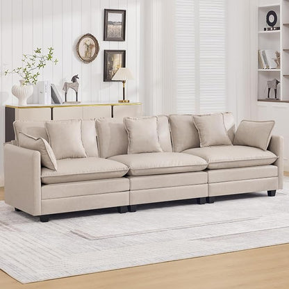 111'' Sectional Cloud Deep Seat Couch, Modern Comfy Leather Modular Sectional Sofa for Living Room Set, Upholstered Modular 3-Seats Sofa Couch, Leather Beige