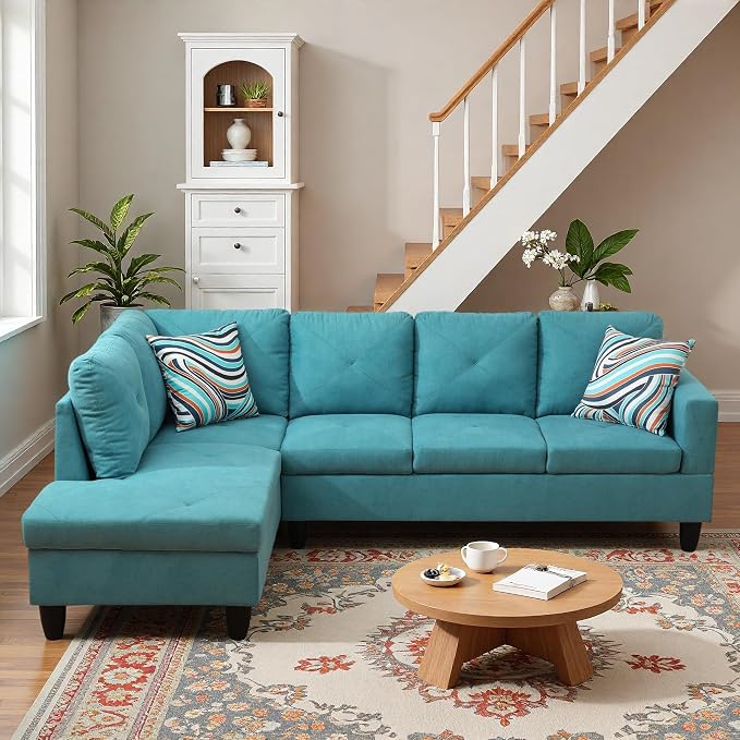L-Shaped Sectional Sofa, Modern 4-Seat Couch with Left Facing Chaise, Sectional Couch for Living Room, Apartment, Office, Blue