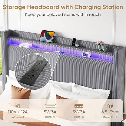 King Bed Frame with 55.3" Tall Headboard, Corduroy Upholstered Platform Bed with LED Lights & Charging Station, Wingback Storage Headboard, Solid Wood Slats,Noise Free,No Box Spring Needed,Dark Grey