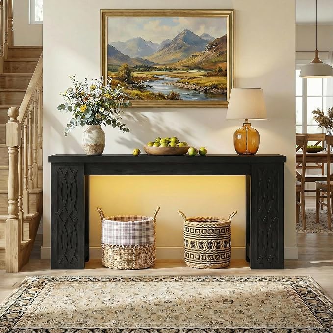 Cyclysio 63" Console Table with Outlet, Farmhouse Entryway Table with Colorful LED Lights, Wooden Sofa Table with Unique Carved Design, Foyer Accent Table for Entrance, Hallway, Living Room