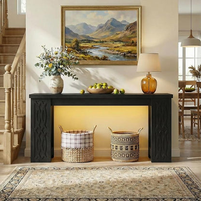 Cyclysio 63" Console Table with Outlet, Farmhouse Entryway Table with Colorful LED Lights, Wooden Sofa Table with Unique Carved Design, Foyer Accent Table for Entrance, Hallway, Living Room