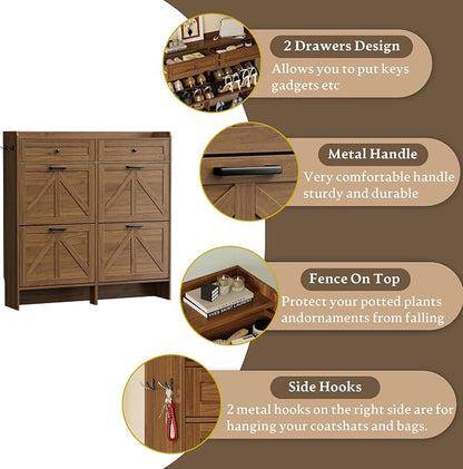 BORNOON Shoe Storage Cabinet for Entryway, Farmhouse Wide Shoe Cabinet with 4 Flip Drawers and 2 Top Drawers, Freestanding Organizer with Adjustable Shelves, Hooks, and Anti-Tip Kit for Hallway