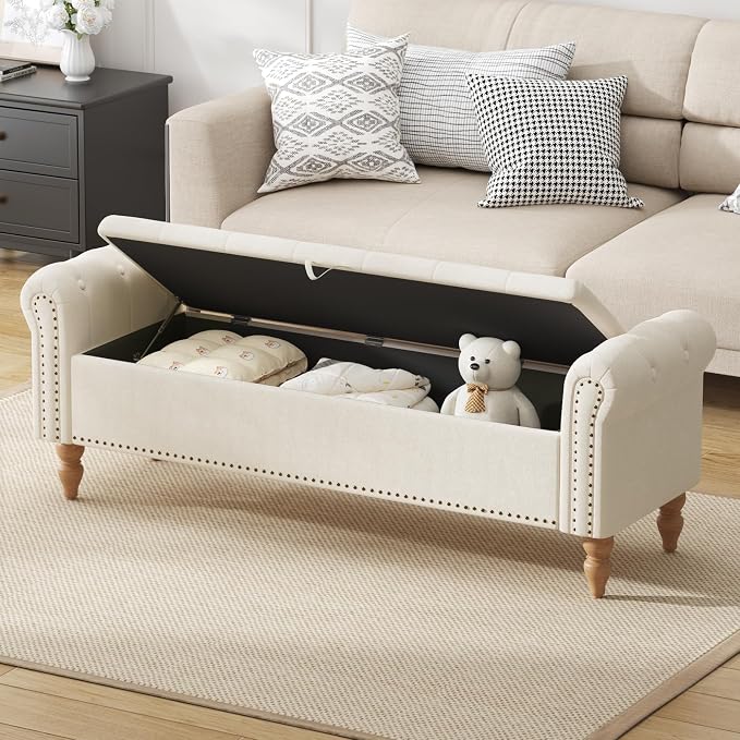 Furniliving 63” End of Bed Bench, Bedroom Bench with Button-Tufted, Large Upholstered Storage Ottoman Benches Entryway Bench with Storage Shoe Cabinet Bench, for Bedroom, Living Room, Linen, Beige