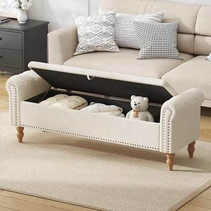 Furniliving 63” End of Bed Bench, Bedroom Bench with Button-Tufted, Large Upholstered Storage Ottoman Benches Entryway Bench with Storage Shoe Cabinet Bench, for Bedroom, Living Room, Linen, Beige