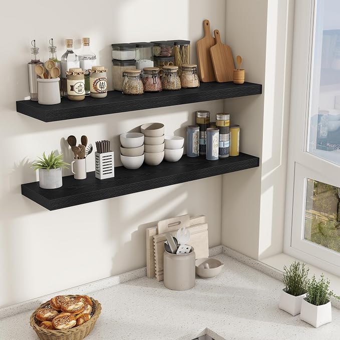 Fun Memories 48 Inch Floating Shelves for Wall - 10 Inch Deep Fireplace Mantel Shelf - Wood Floating Shelf for Wall - Large Storage Shelves Wall-Mount for Living Room & Bedroom - Black - Set of 2