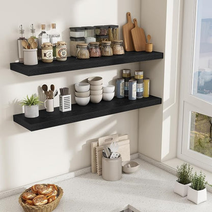 Fun Memories 48 Inch Floating Shelves for Wall - 10 Inch Deep Fireplace Mantel Shelf - Wood Floating Shelf for Wall - Large Storage Shelves Wall-Mount for Living Room & Bedroom - Black - Set of 2