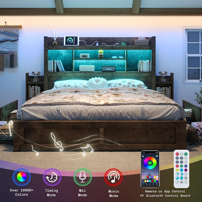 LUXOAK King Bed Frame with 49.6" Bookcase Headboard & 2 Bedside Stoage Racks & 4 Drawers, Farmhouse Wood Bed Frame with RGB LED & Charging Station, No Box Spring Needed, Rustic Brown