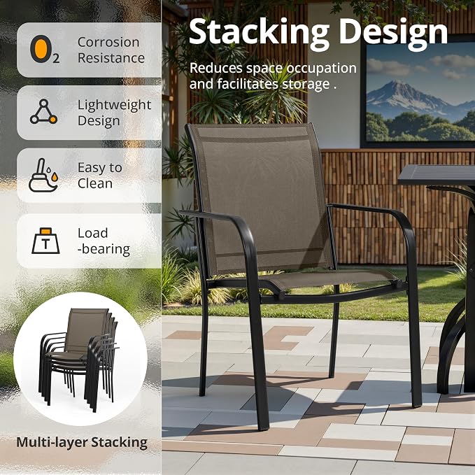 SUNCROWN 8 - Piece Outdoor Dining Set, Patio Furniture Set with 6 Textilene Dinning Chairs, 1 Rectangle Metal Table and 1 Dark Blue 9Ft Patio Umbrella for Lawn Garden Backyard Deck, Brown