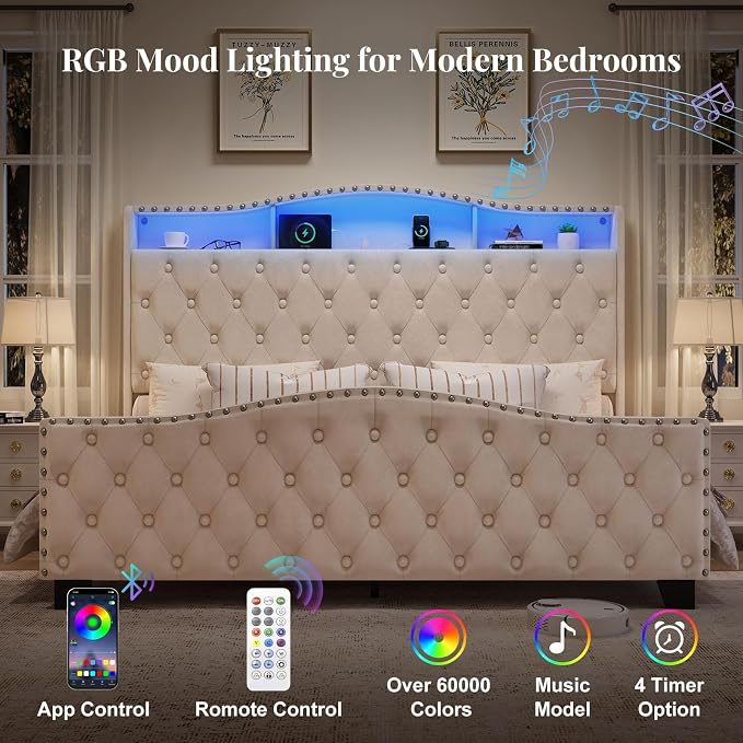 Belffin King Size Bed Frame and Headboard, 50.9" Velvet Upholstered Wingback Bedframe with LED Lights & Storage/Charging Station, Button Tufted Tall Footboard, No Box Spring Needed, Noise-Free, Beige