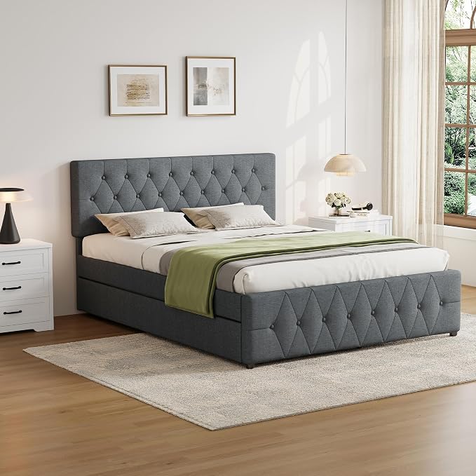 Queen Bed Frame with 2 Wood Storage Drawers & Pull‑Out Trundle Bed,Upholstered Platform Bed Frame Queen Size with Adjustable Headboard,Wooden Slats Support,No Box Spring Needed,Dark Gray
