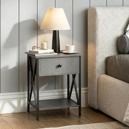 VECELO Nightstands Set of 2, Modern Bedside End Tables, Night Stands with Drawer and Storage Shelf for Living Room Bedroom, Industrial Metal Frame