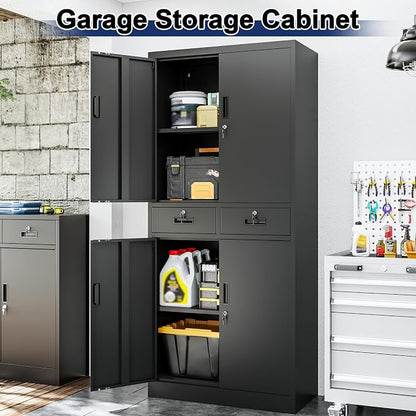 BESFUR Metal Garage Storage Cabinet with Two Drawers Locking Doors and 2 Adjustable Shelves, Black Tall Storage Cabinets, Tool File Lockable Cabinet for Garage Office Warehouse Shop(71”H)