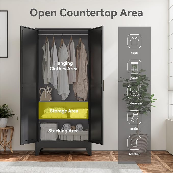 YAUWOH Farmhouse Wardrobe Cabinet,Metal Wardrobe Closet with Hanging Rod,Metal Armoire with Adjustable Shelves for Bedroom,Cloak Room,Office (Black)
